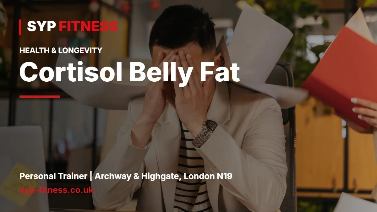 Stressed man at his desk late at night rubbing his eyes in front of a laptop - Cortisol Belly Fat: Myths, Evidence and What Actually Helps, SYP Fitness personal trainer Archway N19