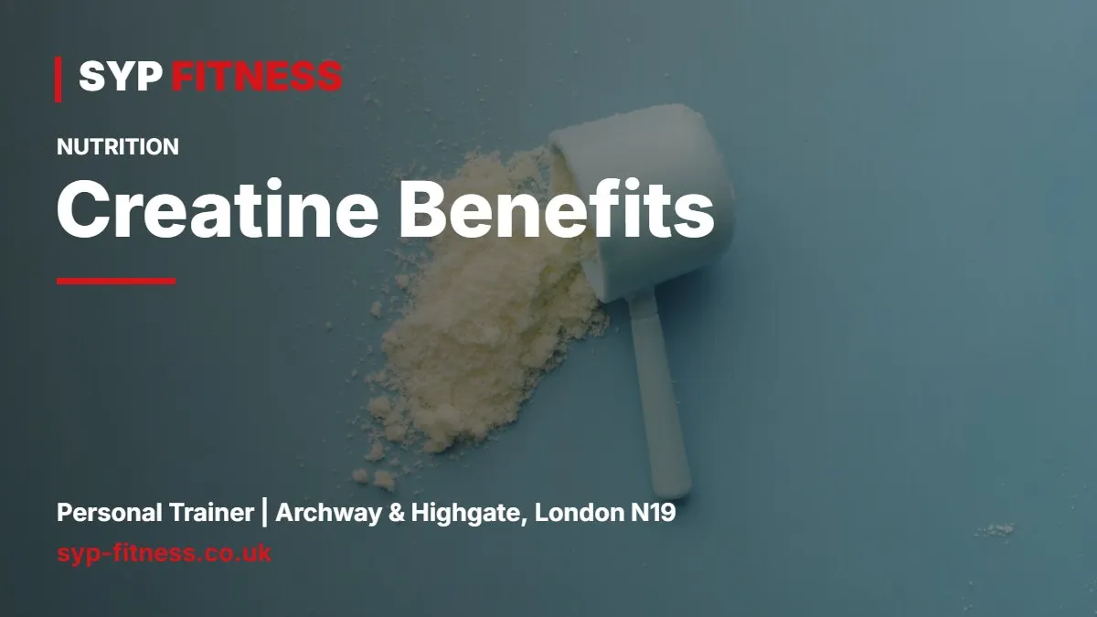 Scoop of white creatine monohydrate powder next to a glass of water and a shaker - Creatine Benefits: What It Does, How Much and Is It Safe?, SYP Fitness personal trainer Archway N19
