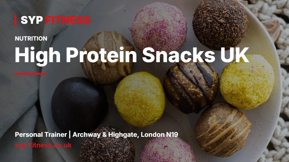 Selection of protein snacks including yoghurt pots, boiled eggs, jerky and edamame on a kitchen counter - High Protein Snacks UK: 20 Supermarket and On-the-Go Picks, SYP Fitness personal trainer Archway N19