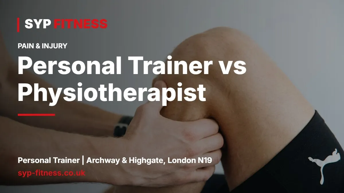 Physiotherapist assessing a client's knee next to a trainer coaching a squat - Personal Trainer vs Physiotherapist: Which Do You Need?, SYP Fitness personal trainer Archway N19