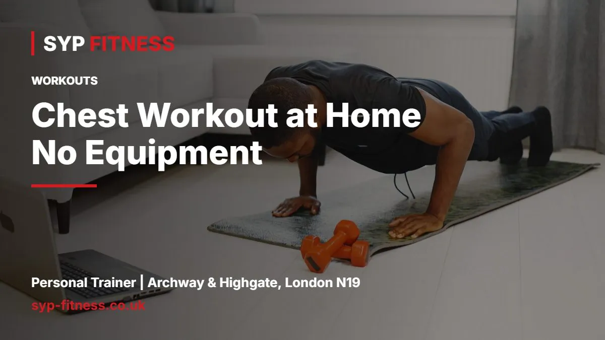 Man doing push-ups on a mat in a living room - Chest Workout at Home No Equipment: Push-Up Plan to 20 Reps, SYP Fitness personal trainer Archway N19