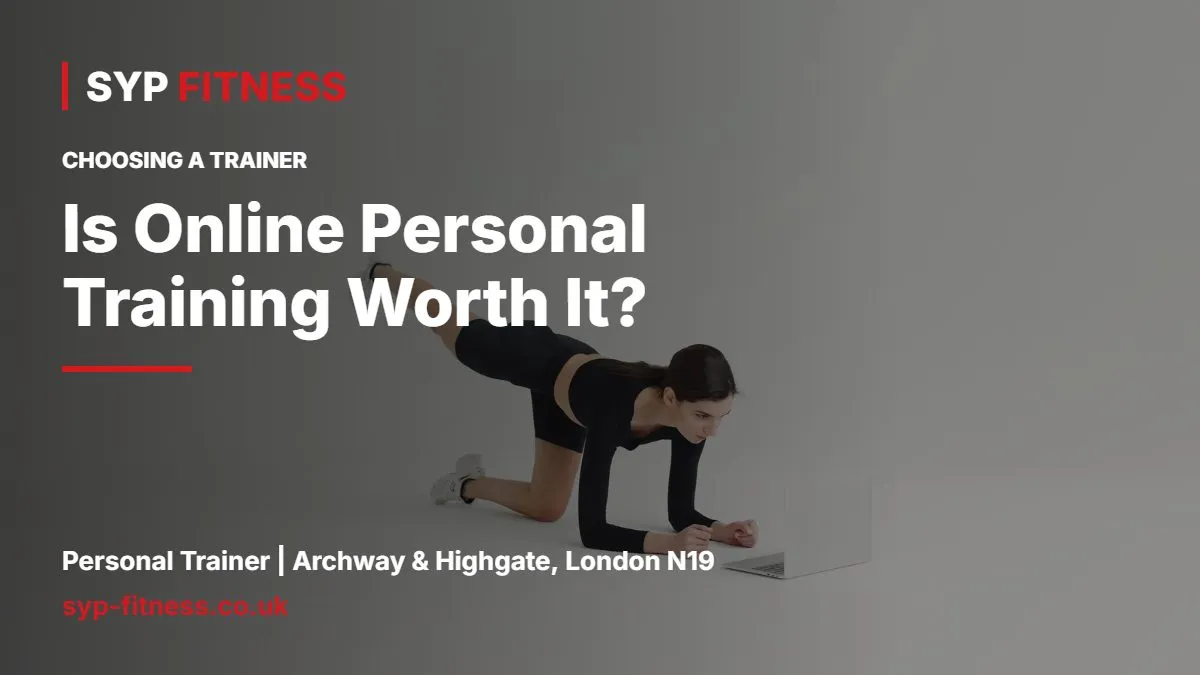 Woman working out on a mat in front of a laptop - Is Online Personal Training Worth It? An Honest Guide, SYP Fitness personal trainer Archway N19