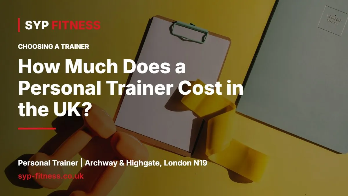 Dumbbells and a clipboard on a bright background - How Much Does a Personal Trainer Cost in the UK? Real Guide, SYP Fitness personal trainer Archway N19
