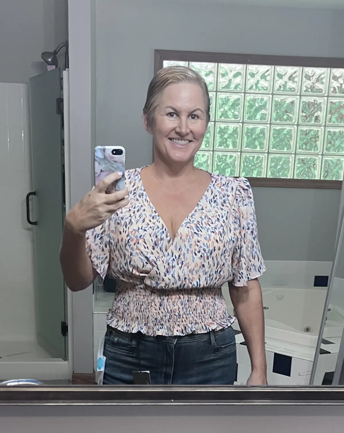 Stacy trying on clothes 