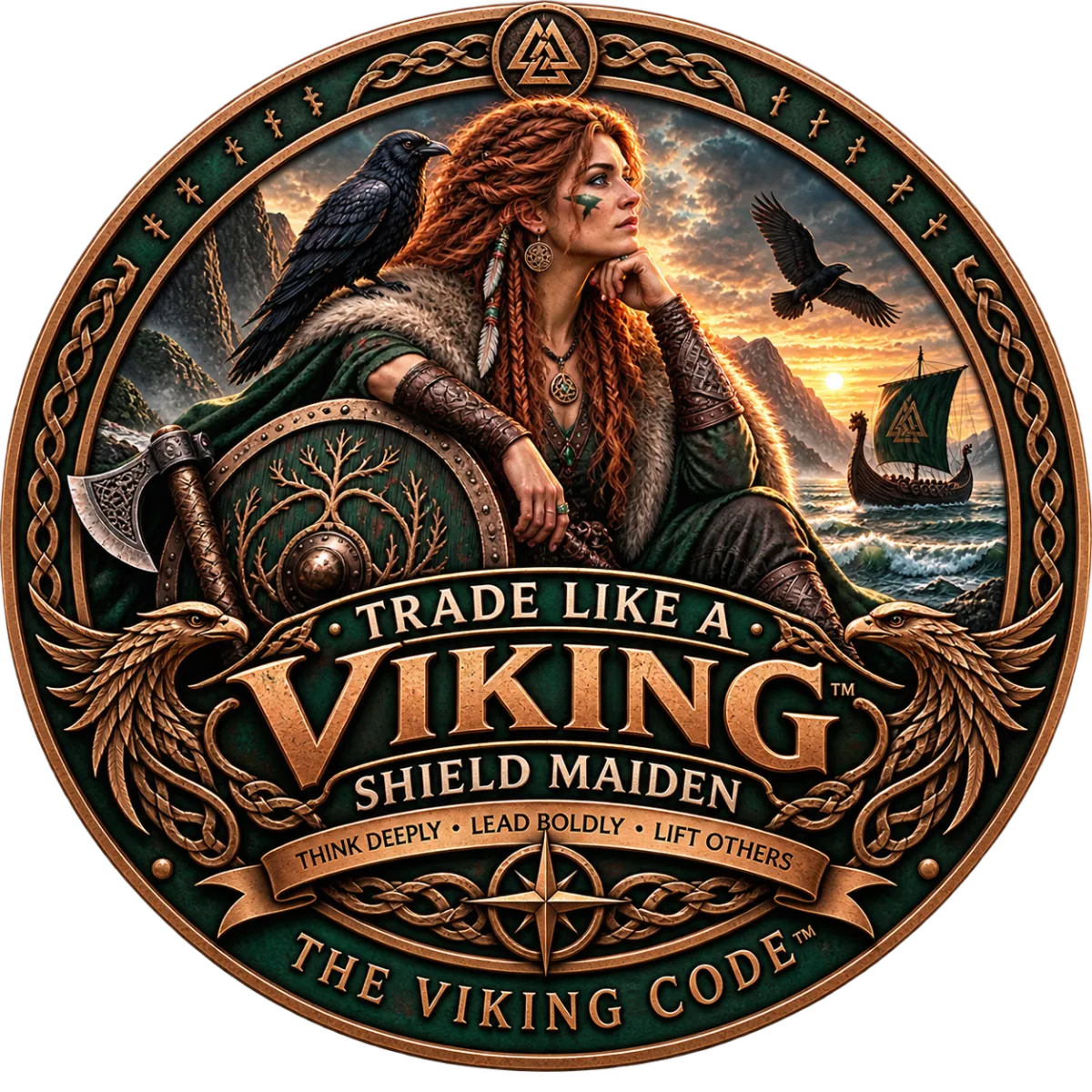 Trade Like a Viking Shield Maiden emblem — a Viking shield maiden with raven and longship, representing women leaders in trade and construction