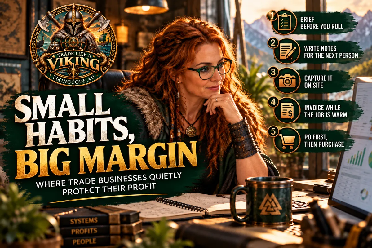 Viking business owner reviewing reports, with five small habits that protect trade business profit margin