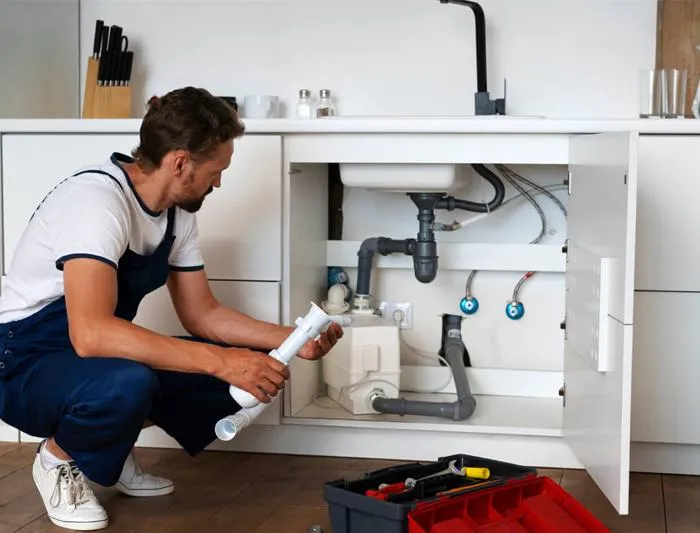 Licensed plumber inspecting under-sink pipes in modern kitchen