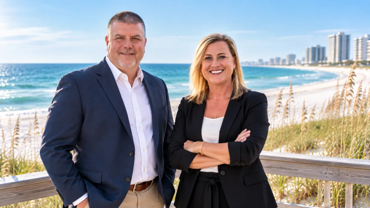 Andy Hollis and Aileen Fountain, Orange Beach Alabama Living real estate team, on the beach in Orange Beach AL