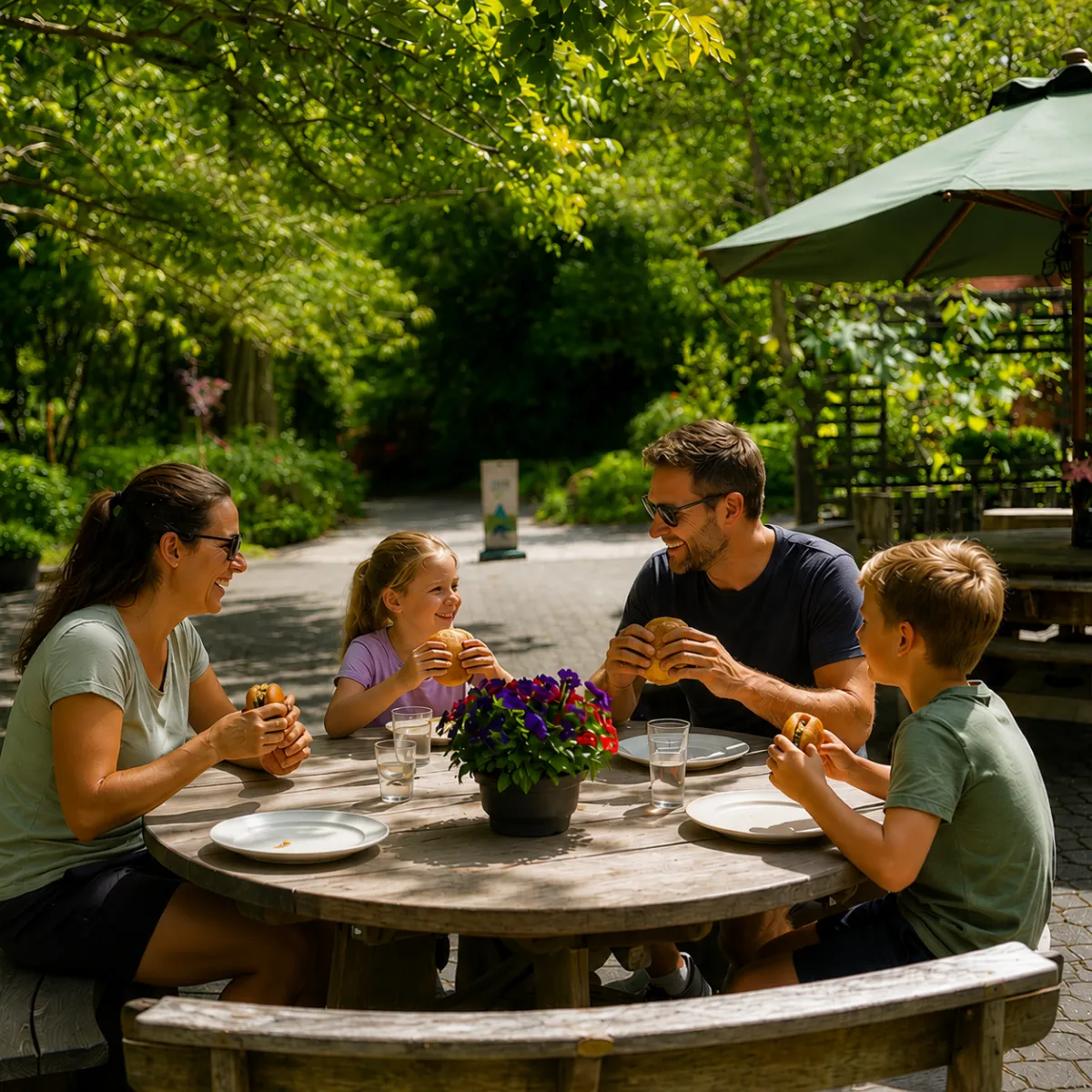 Family enjoying burgers together under the trees at Eastwoodhill