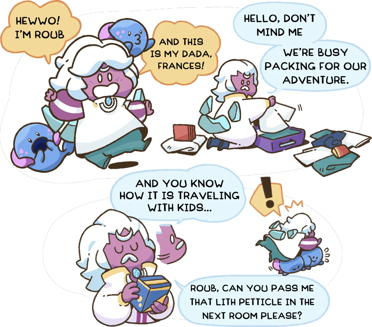 Comic panels showing a father and son packing for their Petticle Planet adventure while introducing themselves. The father empathises with parents about the challenges of traveling with kids. The scene concludes with the father sending his son to grab a petticle which is the main subject for this comic book series for kids.