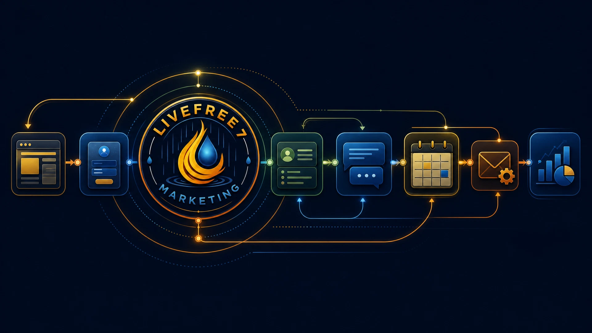 Live Free 7 operating hub connecting website, CRM, booking, messages, automation, and campaigns