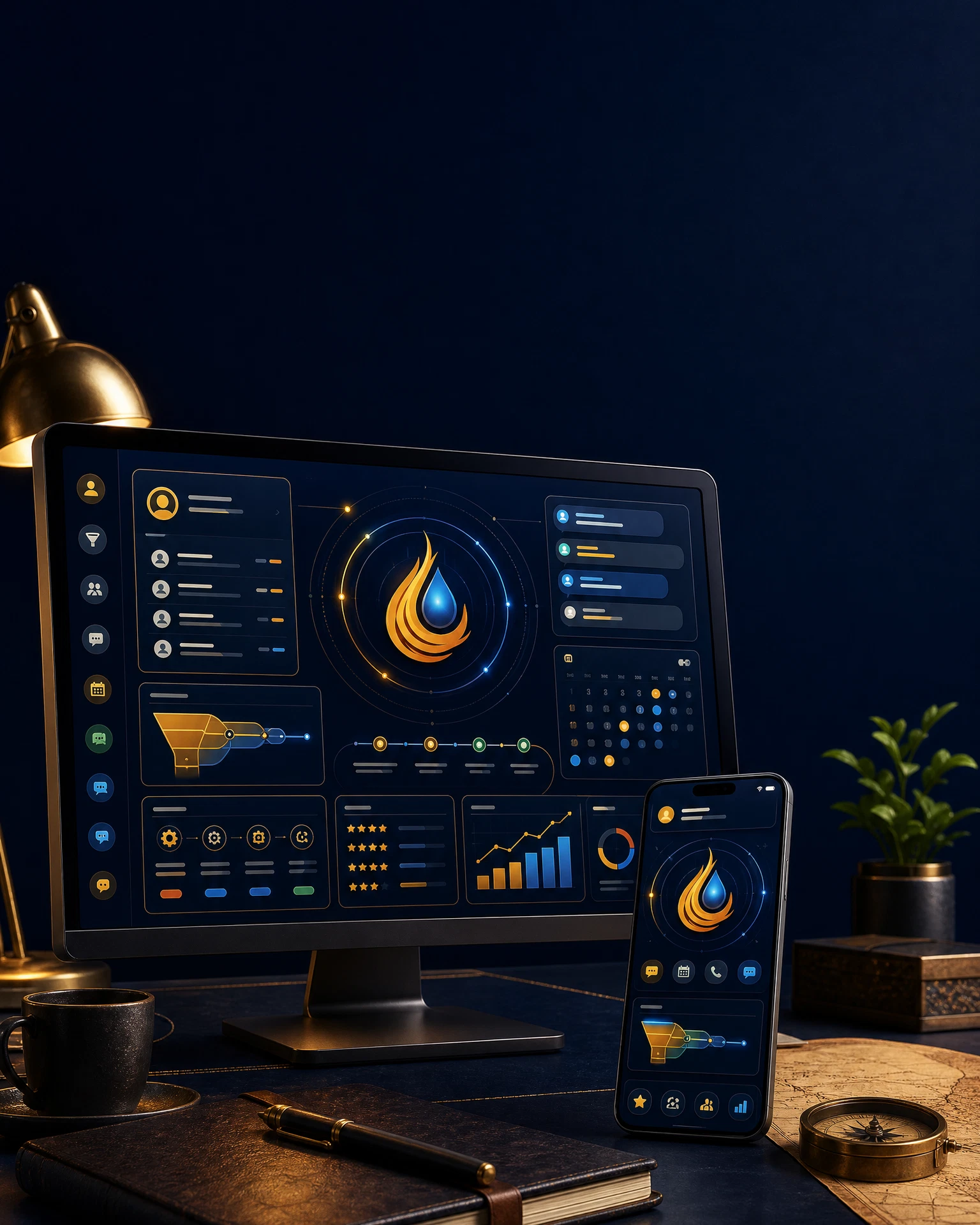 Live Free 7 business growth console showing contacts, pipeline, conversations, calendars, and automation.