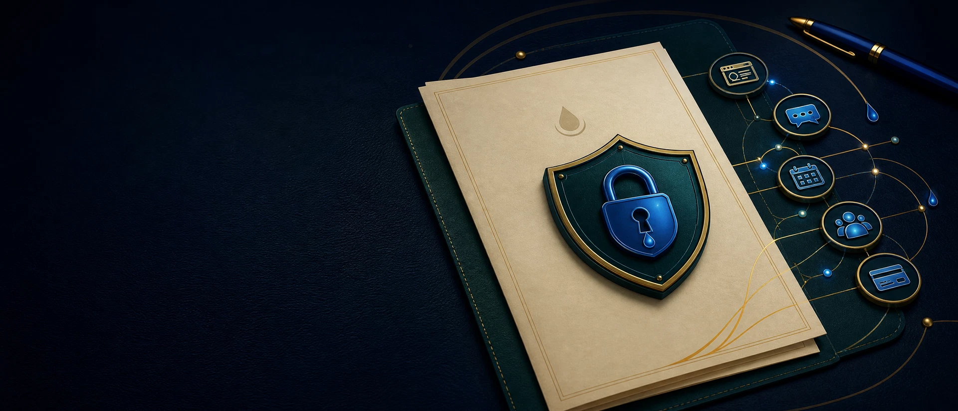 Live Free 7 privacy and data-protection visual showing a protected policy document and connected business systems
