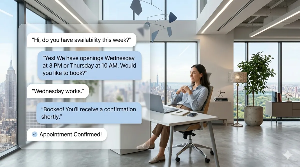 A confident young professional sits at a desk with a laptop open, reviewing an affiliate dashboard displaying AI chatbot and voice assistant icons. The setting is a modern, bright office with large windows, energetic atmosphere, and diverse background elements. The image is a digital illustration, 3:2 aspect ratio, conveying opportunity and technology.