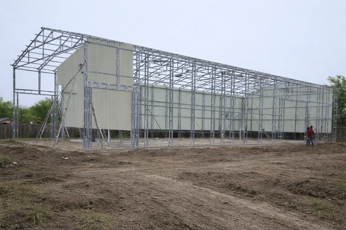 Shell of commercial steel buildings in Texas at RampUp Storage