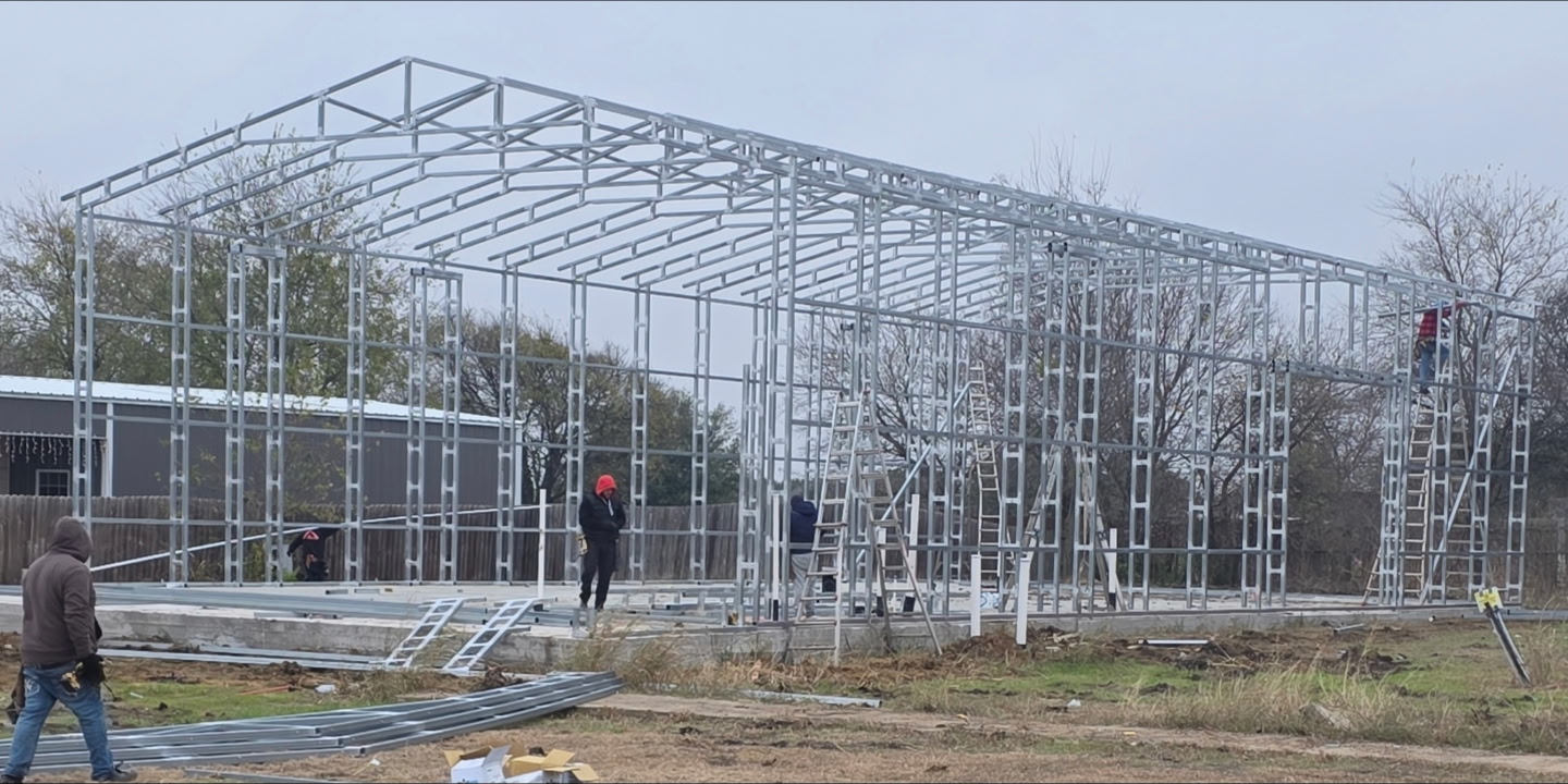 Galvanized metal building being erected in Central Texas