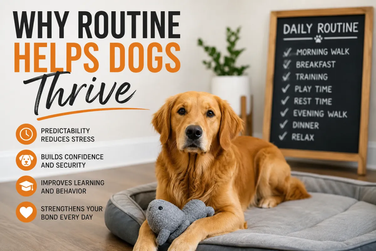 Golden Retriever resting calmly on a dog bed beside a daily routine board, illustrating how consistent routines reduce stress, build confidence, improve behavior, and strengthen the bond with your dog.