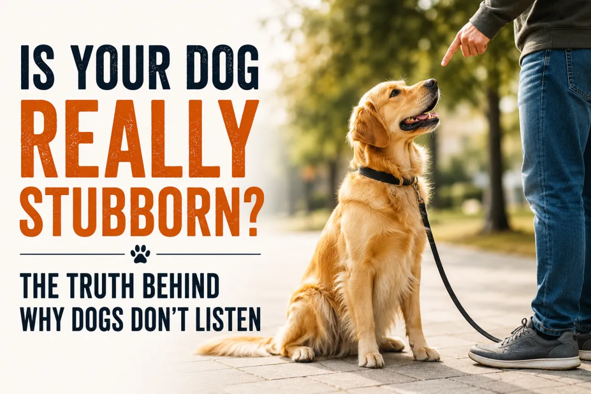 Golden retriever sitting attentively beside its owner during an outdoor dog training session, illustrating why dogs may seem stubborn or ignore commands