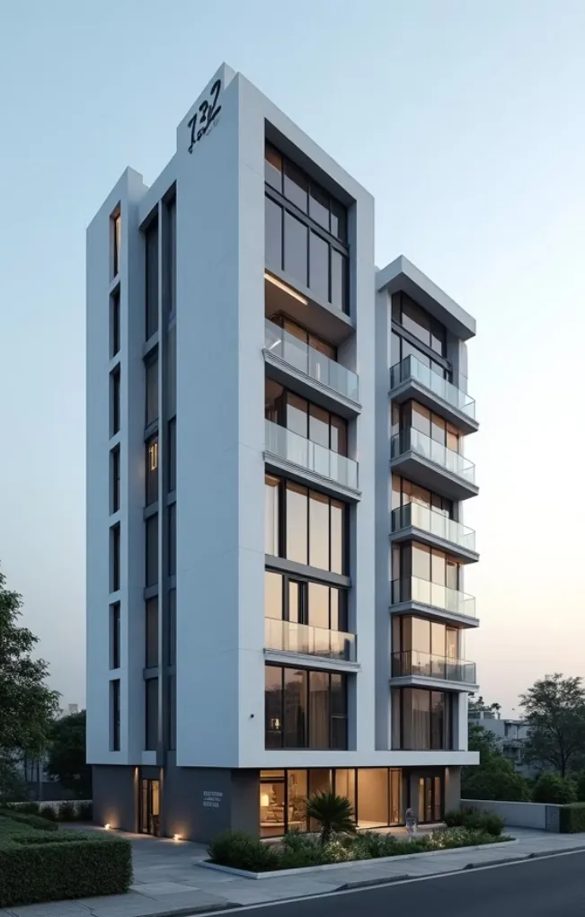 a tall building with many windows and a sky background