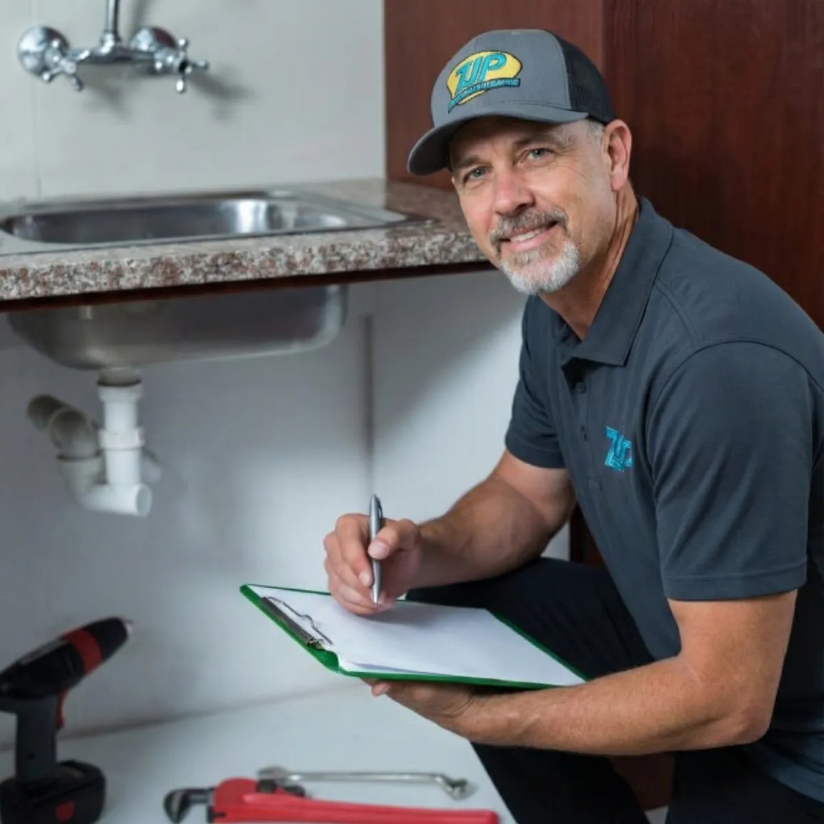 Technician in blue uniform repairing a faucet in a kitchen