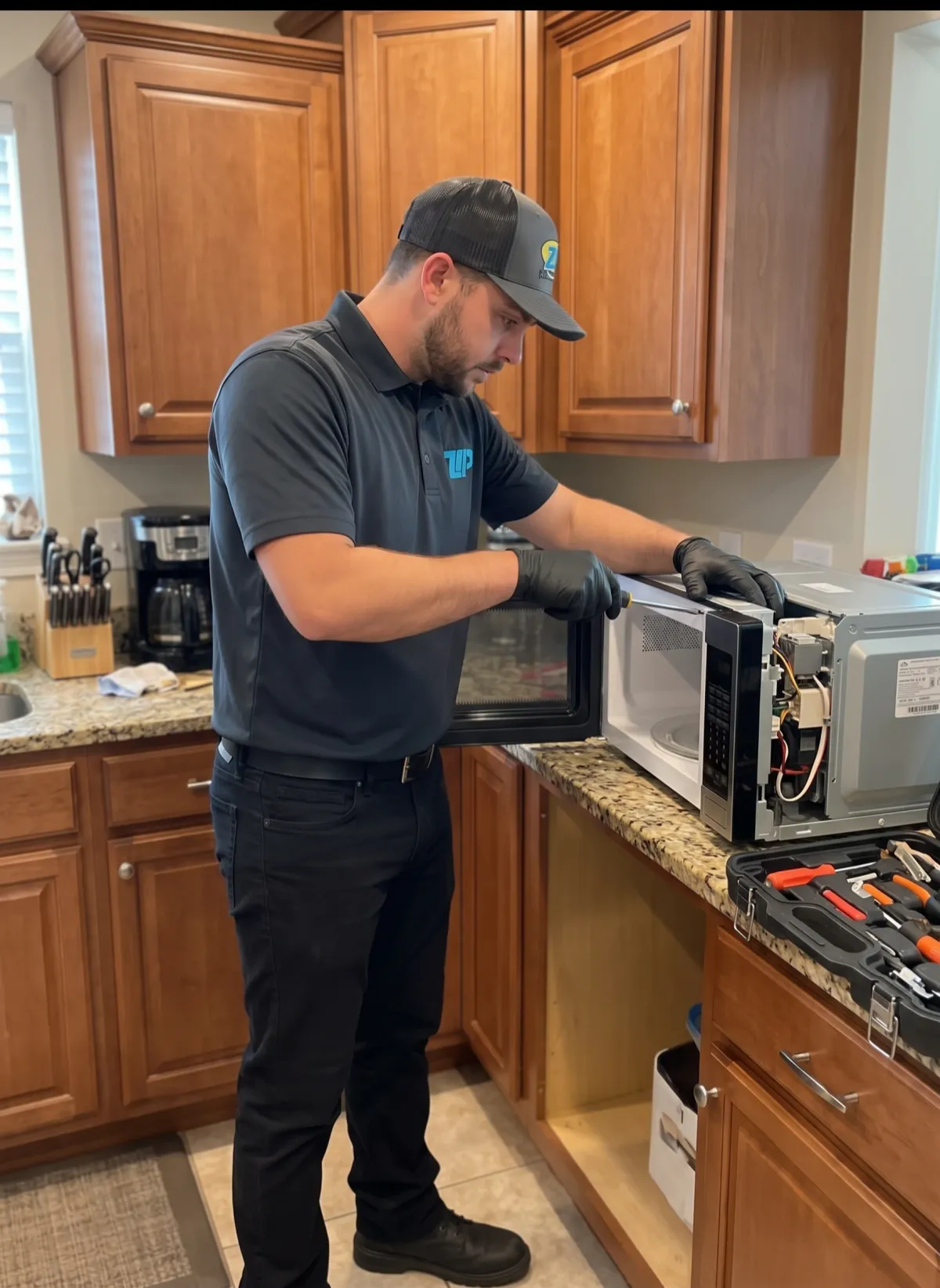 Technician examining the inside of an open dishwasher