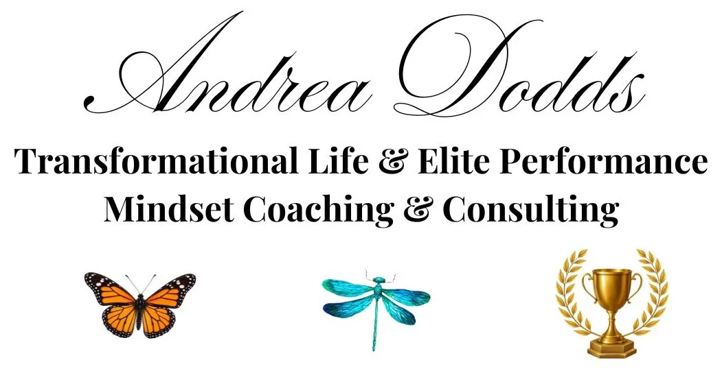 Andrea Dodds name above her specialist services Transformational Life and Elite Performance Mindset Coaching and Consulting, above a picture of an orange butterfly, a turquoise dragonfly, and a gold cup with gold laurel leaves coming up from the base on either side of it