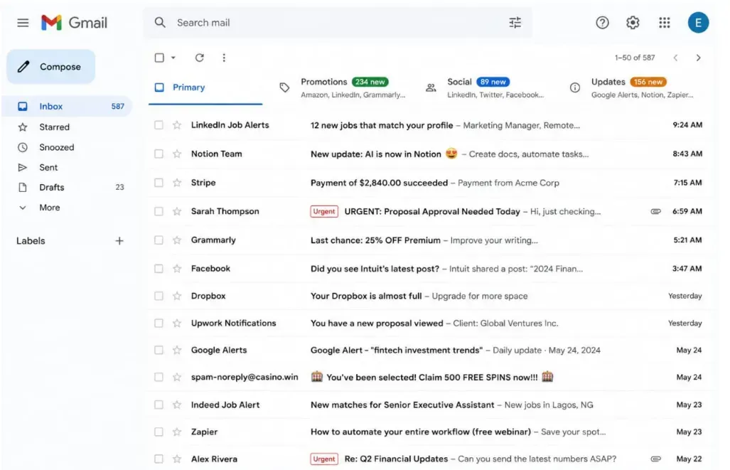 Cluttered unmanaged inbox screenshot