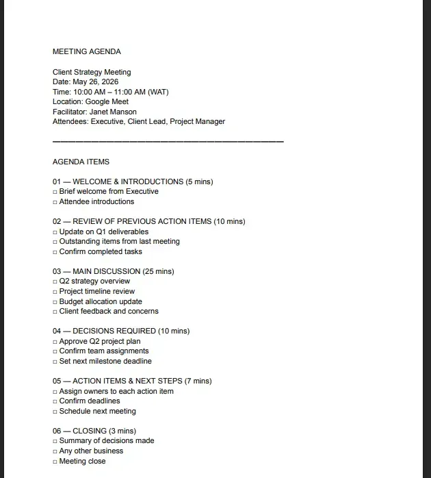 Meeting agendas and briefing documents