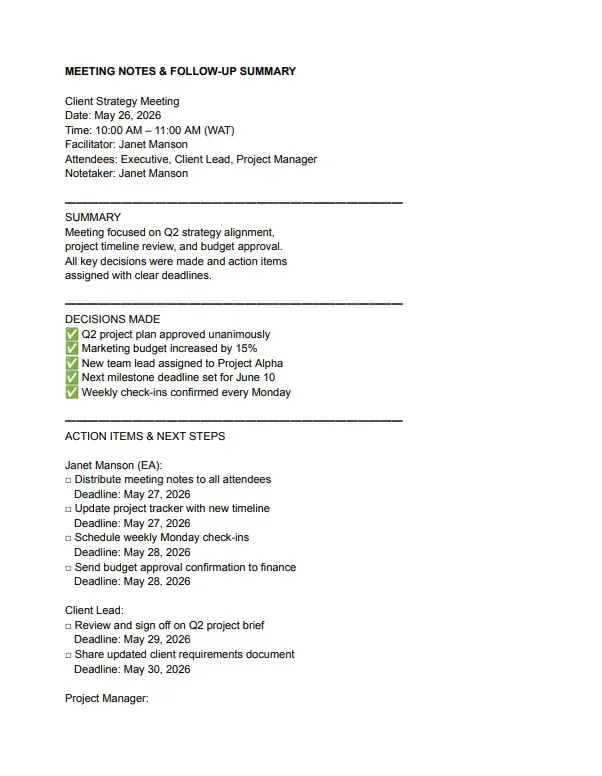 Structured meeting minutes and action items