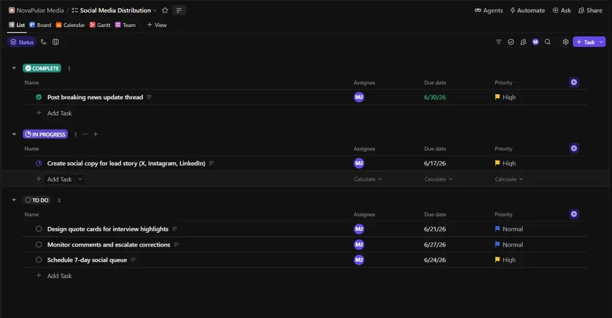 Task prioritization dashboard highlighting task owners and deadlines