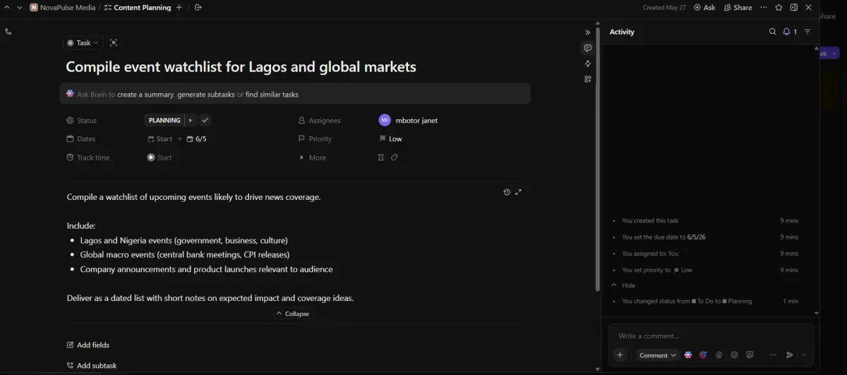 Activity dashboard highlighting real-time team updates and task comments