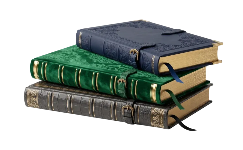 A stack of three premium hardcover books representing the educational publishing portfolio of Fructuses Agency.