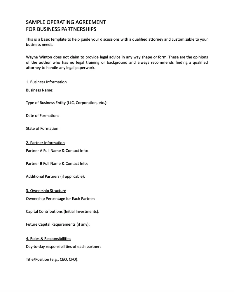 Sample Operating Agreement for Business Partnerships