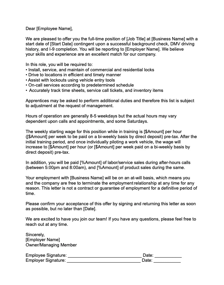 Employee Offer Letter Example