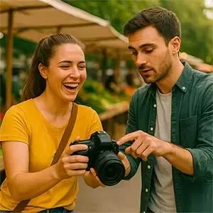 Participants partageant leurs photos lors d'un atelier reportage convivial à Granville