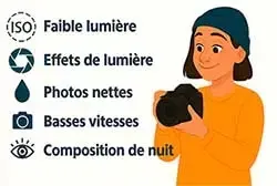 Illustration des techniques de photographie nocturne : faible lumière, effets de lumière, photos nettes, basses vitesses et composition de nuit