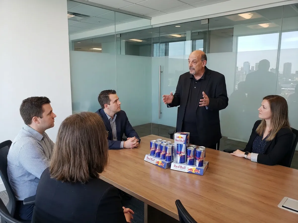A confident female coach in her 40s, smiling warmly while leading a small group workshop in a cozy, modern space. Gold and magenta accents subtly highlight the environment, emphasizing approachability and expertise in a supportive, real-world setting.