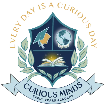 Curious Minds Early Years Academy logo featuring a graduation cap, globe, open book, and the motto "Every Day Is a Curious Day"