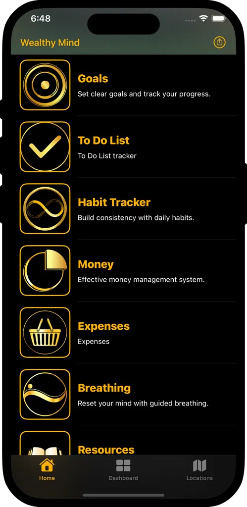 Wealthy Mind app Main Menu