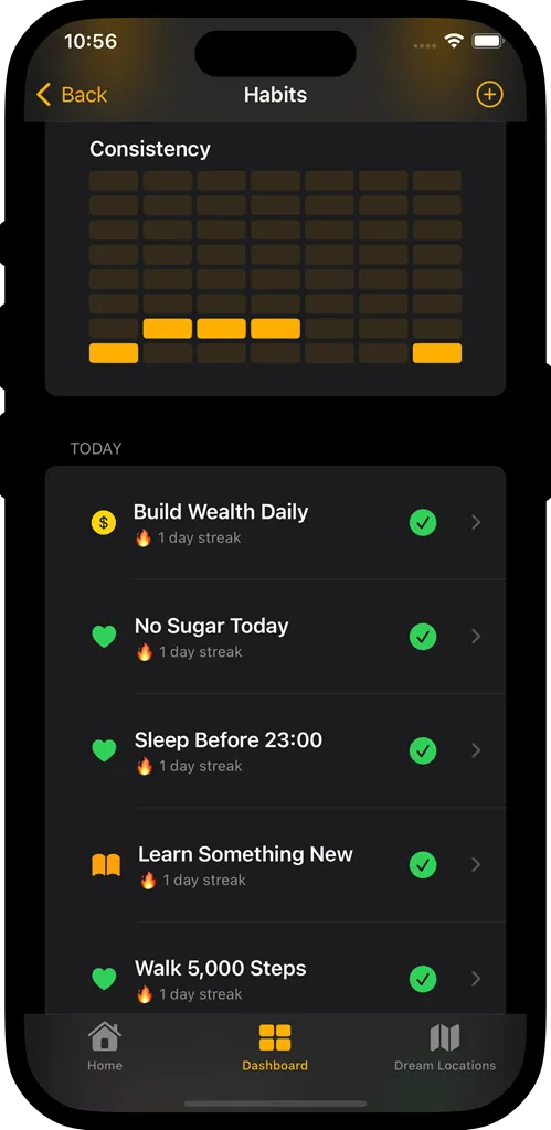 Habit tracker wit hit map and checked daily habits