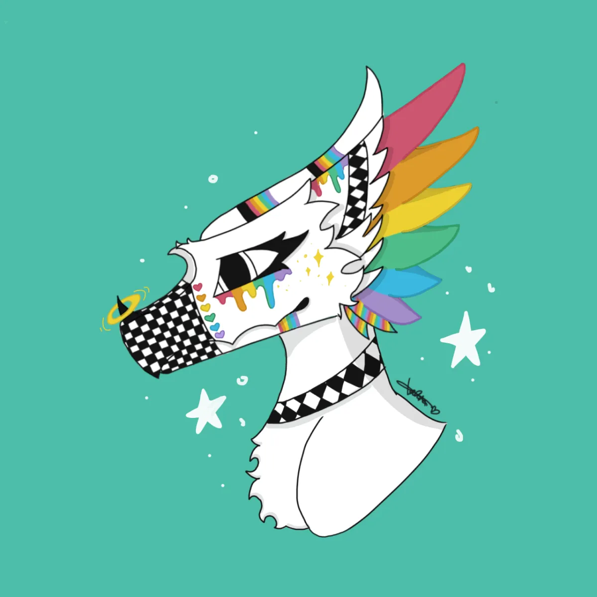 Fay holding colorful crayons in a bright sticker illustration style