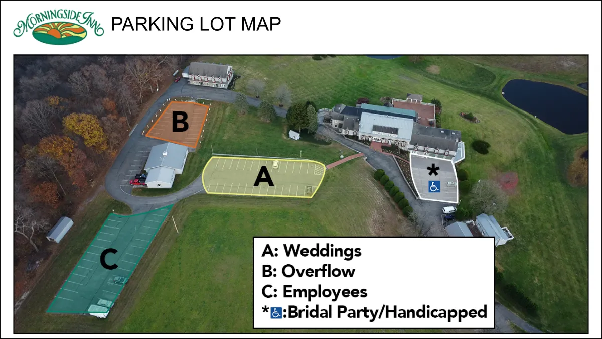 A diagram of the available parking lot spaces at Morningside Inn with Handicapped Parking, Bridal Party Parking and four paved parking lots for up to 200 guests