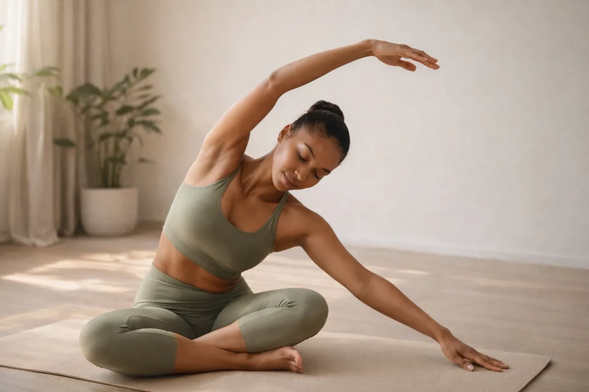 Woman practicing mindful Pilates movement to relieve stress and support nervous system balance