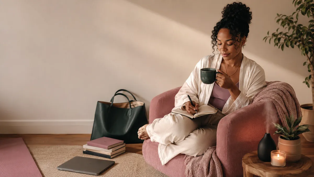 Black woman relaxing in soft neutral loungewear with tea, a journal, and a cozy blanket