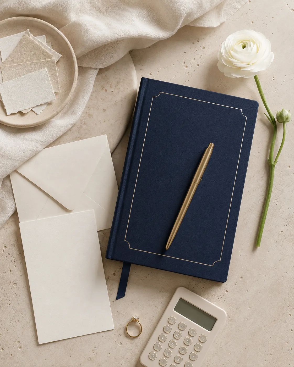 Navy wedding planning notebook, stationery and calculator representing realistic-budget wedding planning