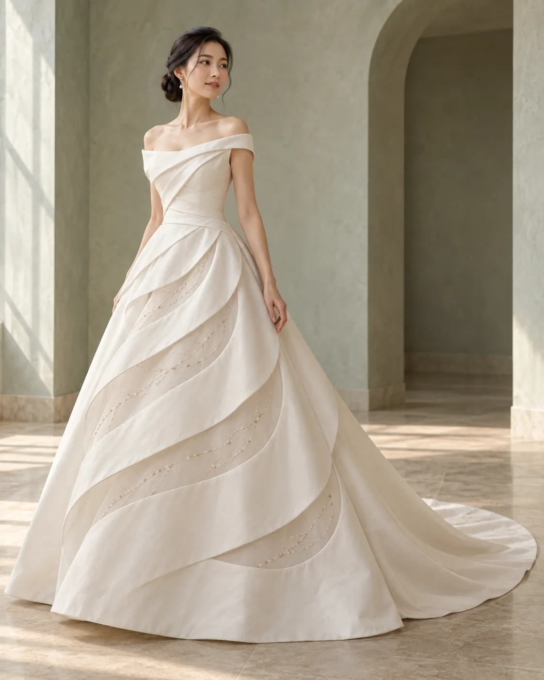 Bride wearing an elegant A-line ball gown for luxury wedding dress and bridal silhouette inspiration