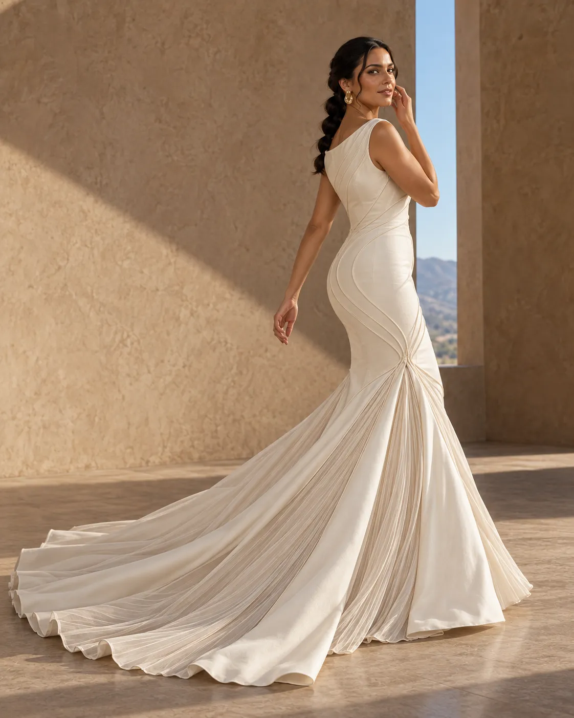 Bride wearing a sculpted fit-and-flare mermaid wedding dress for modern bridal fashion inspiration