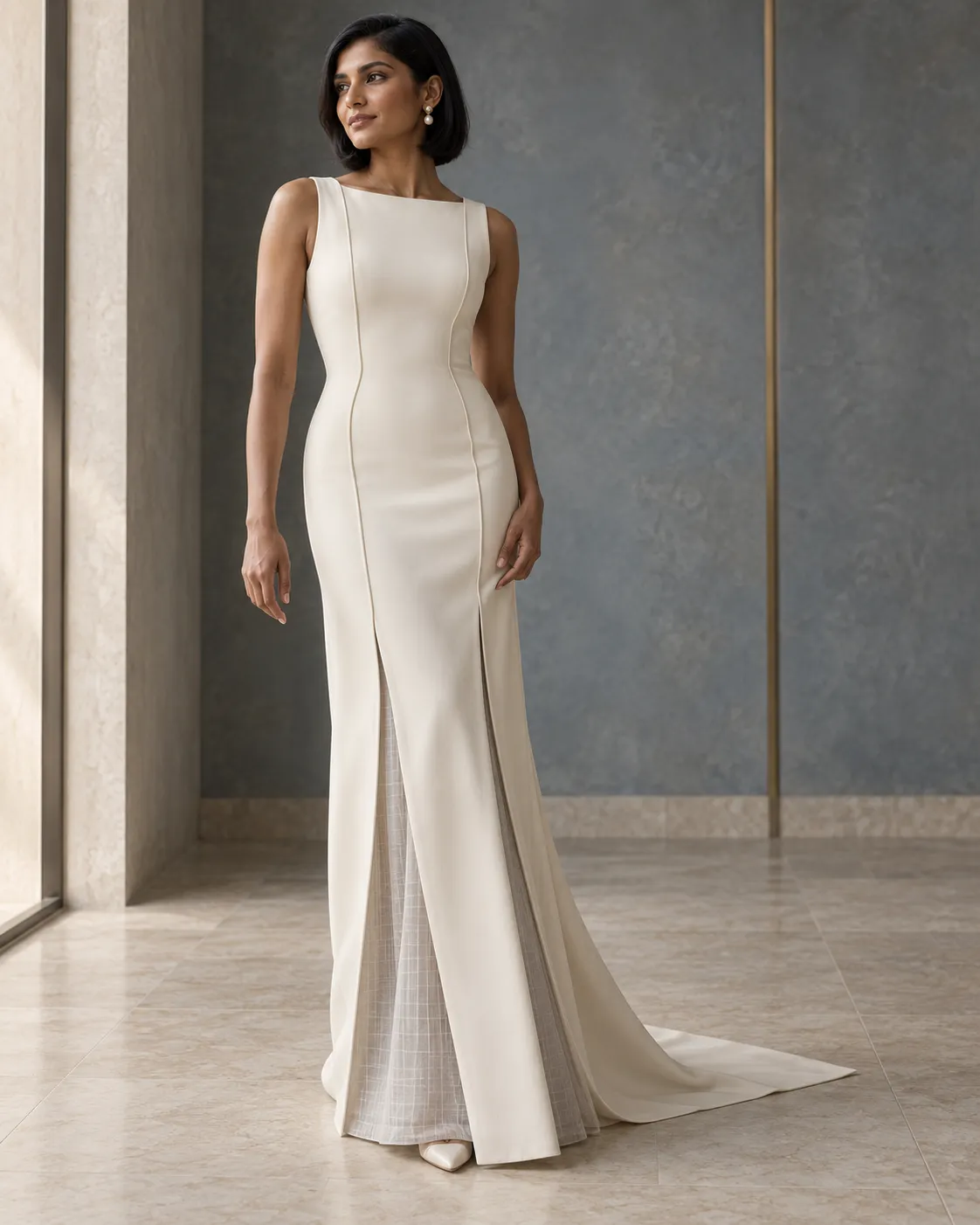 Bride wearing a minimalist column sheath wedding dress for elegant modern bridal style inspiration
