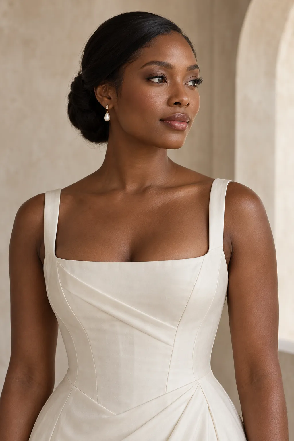 Black bride wearing a structured square-neck corset wedding dress for bridal neckline and bodice inspiration