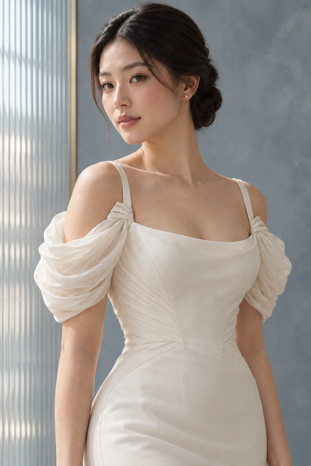 East Asian bride wearing sculptural off-the-shoulder wedding dress sleeves for bridal sleeve and strap inspiration
